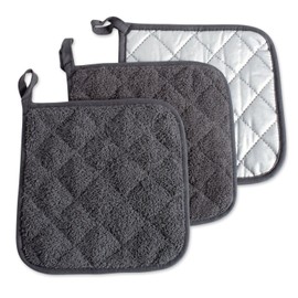 DII Cotton Terry Pot Holders, 7x7 Set of 3, Heat Resistant and Machine Washable Hot Pads for Kitchen Cooking and Baking-Mineral Gray