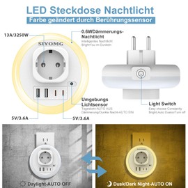 SIYOMG LED Night Light Socket with Twilight Sensor, 2 USB Ports and 2 USB-C Ports (3.6 A), 6 Light Colours Adjustable, Brightness Sensor Auto/On/Off with Light Sensor