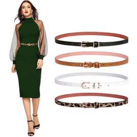 SANSTHS 4 Pack Women Thin Belts for Jeans Dresses Coats Skinny Women Belt with Gold Alloy Buckle, Black+Coffee+White+Leopard XL
