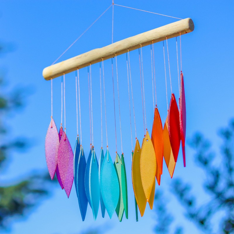 Rainbow Glass Wind Chime Recycled Glass and Bamboo Driftwood Garden