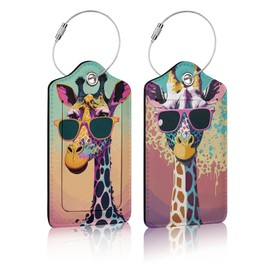 2 Pack Luggage Tag for Suitcase,Cute Giraffe Luggage Tag with PU Leather Privacy Cover ID Label & Stainless Steel Loop for Women Men Travel Bag Suitcase