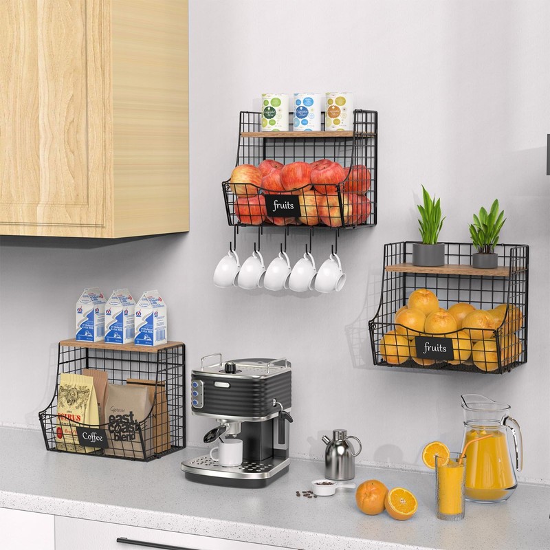 3 Pack Fruit Basket for Kitchen with Wood Lid -