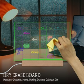 Fincoly Acrylic Dry Erase Board with Light Desktop Board 7 Color Change 7 Markers Remote Control Dimming 1/2/3/4H Timer Wooden Base Month Day Plan to do List Office Calendar(12"×8")