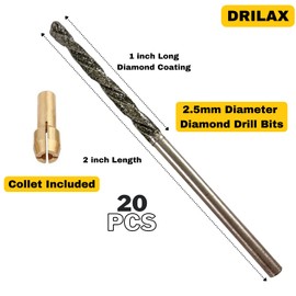 2.5mm Diamond Drill Bit Set 20 Pieces Twist Tip Drilling Sea Glass Shells Rocks for Ornaments Jewelry Necklace Earrings Pendants Bracelets Ceramic Porcelain Gems Includes Collet Compatible with Dremel
