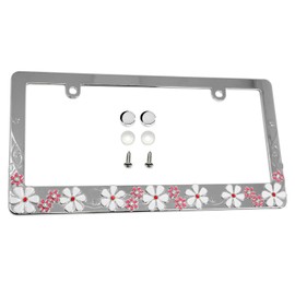 LFPartS Plumeria Flower Sparkle Crystal Bling Metal License Plate Frame (Chrome)