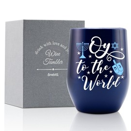 Onebttl Hanukkah Gifts Wine Tumbler for Women Men, Hannukah Gifts 12oz Stainless Steel Coffee Cup with Lids, Gift for Chanukah Jewish Holiday for Friends, Coworkers - Oy To The World Blue
