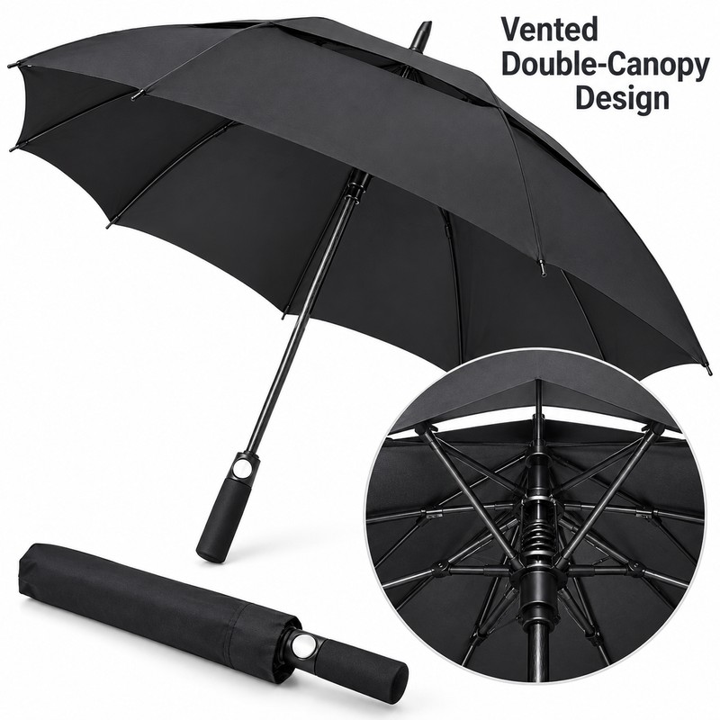 Oversized Windproof Golf Umbrella with Double Canopy, Automatic Open, Fiberglass