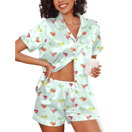 Ekouaer Women's Silk Satin Pajama Set Button Down Sleepwear Notch Collar Pjs Shorts Set 2 Piece Lounge Set,Light Blue Wineglass,L