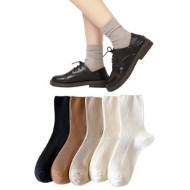 DAMILY Women's Socks, Spring and Summer, Loose Crew Socks, Set of 5, Cute, Cotton, Not Stuffy, Stylish, Nursing Care Socks, Women's Socks, 8.7 - 9.8 inches (22 - 25 cm), Solid Color, For Commuting to