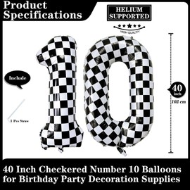 Black White Checkered Number 10 Balloons, 40 Inch Giant Number Balloons Foil Mylar Helium Checkered Number 10 Balloons for 10th Birthday Party Supplies Anniversary Event Celebration Decorations