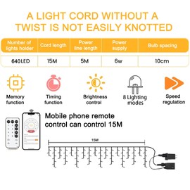 SOSHOT Christmas String Lights Outdoor - 49Ft/15M 640 LED 8 Modes with Remote Control and App Waterproof Christmas Lights for Patio Yard Garden Wedding Party-White