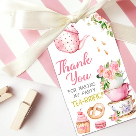 50Pcs Tea Party Thank You Tags, Let's Partea Gift Tags with String for Girl Birthday, Tea Pot Afternoon Tea Tags Tea-Rrific Tea Thank You Tags for Garden Bridal Shower Tea Themed Party Favors