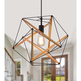 AMZASA Black Geometric Art Deco Hanging Pendant Light Metal and Wood Modern Industrial Chandelier Light Fixture for Dining Room Kitchen Island Arts Center Yoga Studio,Need Assemble UL Listed