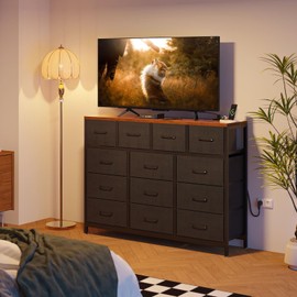 ODK Long TV Stand with 3 Outlets and 2 USB Charging Ports, 57'' Wide TV Stand with 13 Large Drawers, Fabric TV Stand for Living Room, Hallway, Black and Vintage