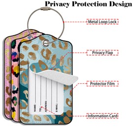 Gold Leopard Luggage Tag 3 Pack Travel Cruise Luggage Tags for Suitcases, Suitcase Tags Identifiers Bag Tags with Privacy Flap, Baggage Name Tag for Women Men Luggage Backpack Handbag School Bag