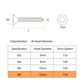 uxcell 50Pcs Flat Head Torx Screws, M6 x 12mm 304 Stainless Steel Countersunk Self Tapping Anti-Theft Wood Screws Tamper Resistant Screws Fit T30 Bit for Wood, Fence, Decking (Black)