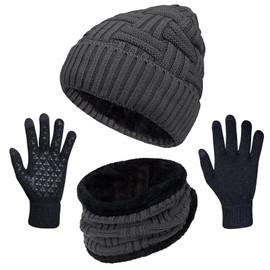 3-Pieces Winter Beanie Hat Scarf and Touch Screen Gloves Set Warm Knit Skull Cap Gifts for Men Women,Gray