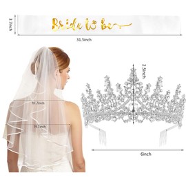 Exacoo Bride to Be Tiara&Sash&Veil Set for Bride Bachelorette Party Decorations Bridal Shower Accessories Gifts Includes Crystal Silver Crown Wedding Veil with Comb and Satin Bridal Sash