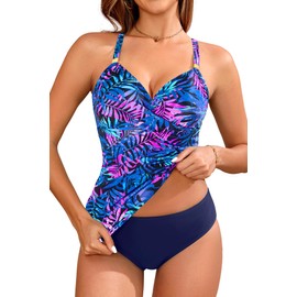 Women's Tankini Swimsuits - Two Piece Swimsuit Tummy Control Bathing Suit 2025 Twist V Neck Swimwear Blue Purple Leaves M