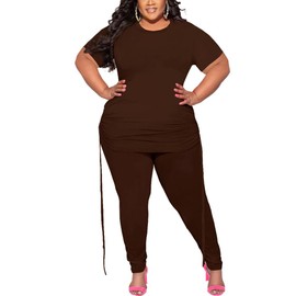 PINSV Women's Plus Size 2 Piece Outfits Sweatsuits Short Sleeve Jogger Sets Tracksuit Coffee 3XL