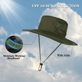 Sun Hat for Men/Women, UPF 50+ Fishing Hat,Waterproof Wide Brim Bucket Hat Foldable Boonie Hat for Hiking Garden Safari Beach Green