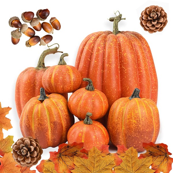 DOJoykey Autumn Decoration Set, Large Size Artificial Pumpkin, Maple Leaves, Pine Cones, Acorns for Autumn Wreath Using, Fall Home Table Thanksgiving Day Halloween Party Decoration