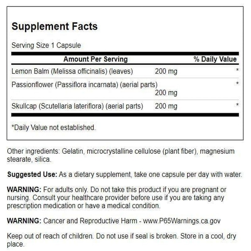 Swanson Lemon Balm Passion Flower Skullcap Complex 180 Capsules
