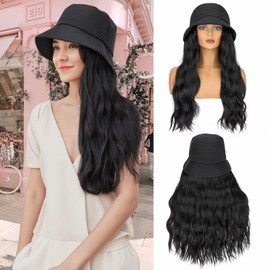 Benehair Fisherman Hat with Hair Extensions 18 Inch Long Wavy Hat Wig Synthetic Hair Extension with Hat Heat Resistant Fiber Adjustable Black Hair Piece for Women(Black, 250g)