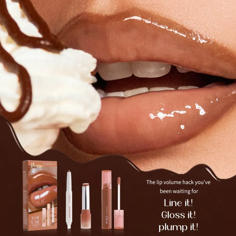 Olibolla Volume Lip Trio Kit Liner,gloss Lipstick Nude Brown