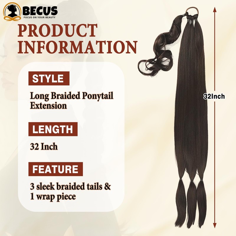 BECUS Long Braid Ponytail Extension with Elastic Tie Straight Sleek