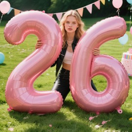 40 Inch Pearlescent Pink Number 26 Balloon Number 26 Balloon 40 Inch, 26th Birthday Party Decorations for Boy or Girl Huge Mylar Anniversary Party Supplies