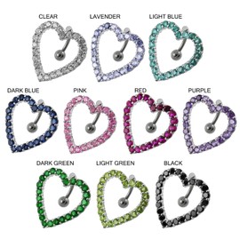 Pink CZ Crystal Stone Movable Studded Cut Out Heart Reverse Bar 925 Sterling Silver Belly Ring Body Jewelry