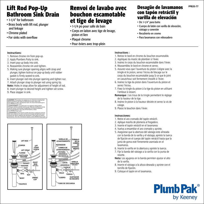 Plumb Pak PP820-77 Bathroom Sink Mechanical Pop Up Drain, No