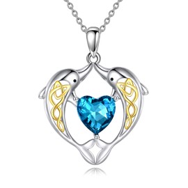 YAFEINI Celtic Dolphin Necklace for Women 925 Sterling Silver Dolphin Crystal Pendant Necklace Celtic Knot Jewellery Gifts for Her Mum Wife Friends for Women, Sterling Silver, Aquamarine