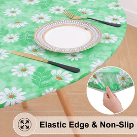 misaya Round Fitted Tablecloth with Elastic Edge, 100% Waterproof Oil Proof Plastic Table Cover, Vinyl Flannel Backed Table Cloth Fits 36"-44" Round Tables for Dinner, Outdoor, Picnic, Green Daisy