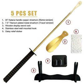 Samurai Sword Style 35" Brass Shoe Horn Set - 5 PCS Luxury Kit with Wall Hook, Wooden Katana Stand, Travel Horn & Daisy Stickers (Lucky Fu Character Engraved, Non-Slip Handle, Premium Gift Ready)
