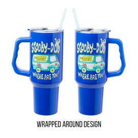 Silver Buffalo Scooby-Doo “Where Are You!” Double Walled Stainless Steel Tumbler with Handle Featuring The Mystery Machine, Fits in Standard Cup Holder, 40 Ounces