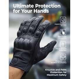 KEMIMOTO Motorcycle Leather Gloves, Sheepskin Protective Gloves for Men and Women, Touchscreen Compatible, Hard Knuckle, Gear for Motorcross Racing Cycling XL