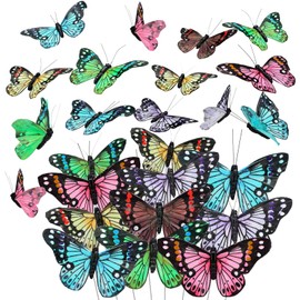24 Pcs Monarch Butterfly Decorations 4 Size Artificial Monarch Feather Fake Butterfly Picks Crafts with Wire for Wall Flower Pot Spring Floral Party Home Decor(Fresh Colors)