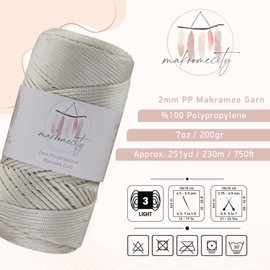 Makromecity Macrame Yarn 2 mm x 230 m, Premium Polyester Macrame Cord, Polypropylene Yarn for Crafts, Home Decorations, Place Mats, Shoulder Bags, Handbags, Runners, Comforters, Chains