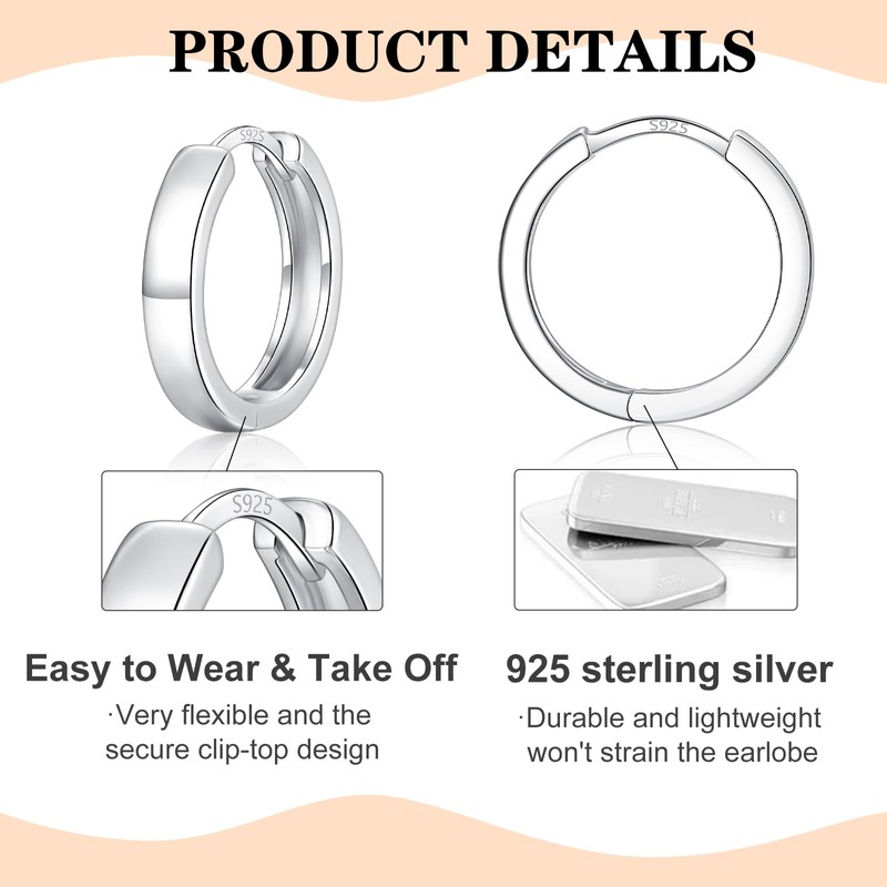 Silver Hoops Earrings for Women 925 Sterling Silver Hypoallergenic Small