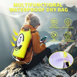 LexonElec x ZTARX Waterproof Dry Bag, 10L Roll Top Dry Sack with Solar Charging & Bluetooth Speaker & LED Light, Floating Backpack Keep Things Dry for Kayaking, Camping, Seaside - Fluorescent Yellow