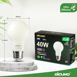 DiCUNO Edison LED Bulb E27, Classic Ultra Efficient Bulb, A Label, 2W, Replacement for 40W Incandescent Bulb, Neutral White 4000K, 420lm, 360°, Matt, Energy Efficiency Class A, A60 LED Bulb, Pack of 3