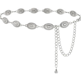 HIQUACC Western Belt for Women Metal Waist Chain Belt Small Concho Belt Cowgirl Boho Belt (Silver-L)