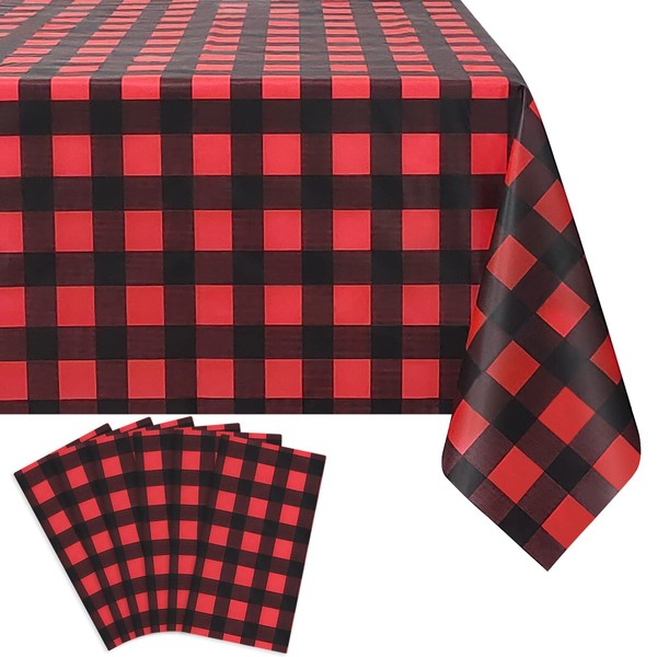 LIKAJON 6 Pack Red and Black Checkered Tablecloth, Red Plastic