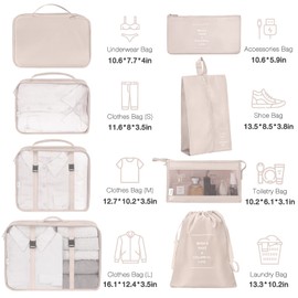 8 Set Packing Cubes for Suitcases,Packing Cubes with Shoe Bag, Cosmetics Bag, Clothing Bag, Accessories Bags Packing Cubes for Travel Luggage Organizer Women Men(Beige)