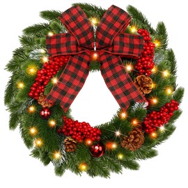 Dingion 14 Inch Christmas Lighted Wreath with Large Buffalo Plaid Bowknot Pine Cones Red Berries Hanging Outdoor Artificial Christmas Wreath with LED Lights for Xmas Holidays Party Decor Winter Home