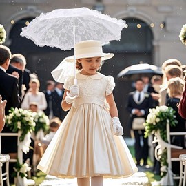 Solnique Mini White Lace Parasol with Floral Gloves for Wedding Flower Girls, Small Vintage Bridal Umbrella for Kids, Decorative Lace Umbrella for Tea Party Photo Props