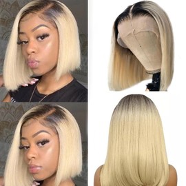 Valiilo 1b613 Ombre Blonde Bob Wig Human Hair Dark Roots 13x4 HD Lace Front Wigs Human Hair Pre Plucked with Baby Hair Glueless Bob Wig Human Hair 180% Density 8 Inch