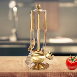 Fichiouy 7 Piece 304 Stainless Steel Gold Kitchen Utensils Set with Stand, Cooking Tool Utensil Set With Slotted Spoon and Stand